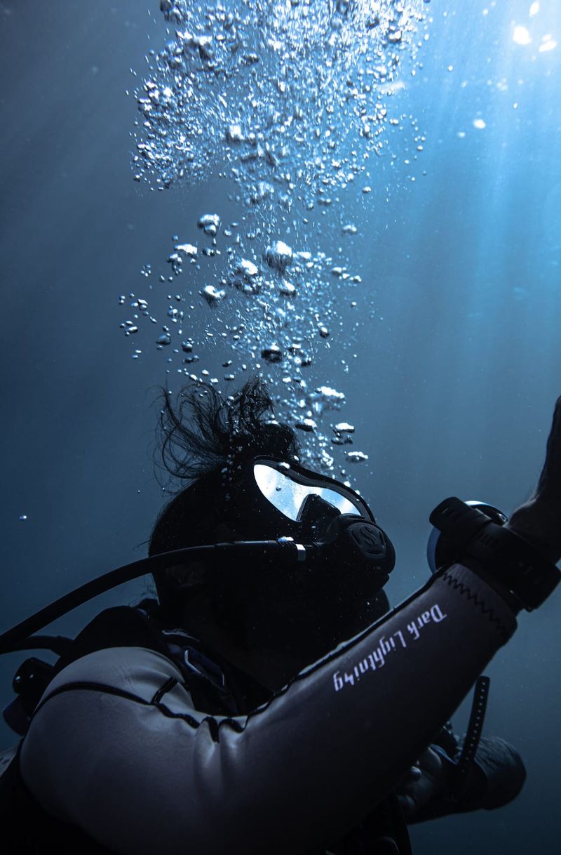 A diver seen from behind against the light, a column of exhaled bubbles rising towards the surface