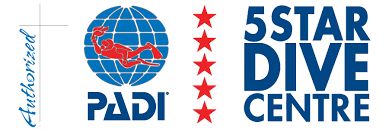The Authorized PADI 5 Star Dive Centre emblem: the PADI globe and diver beside five red stars