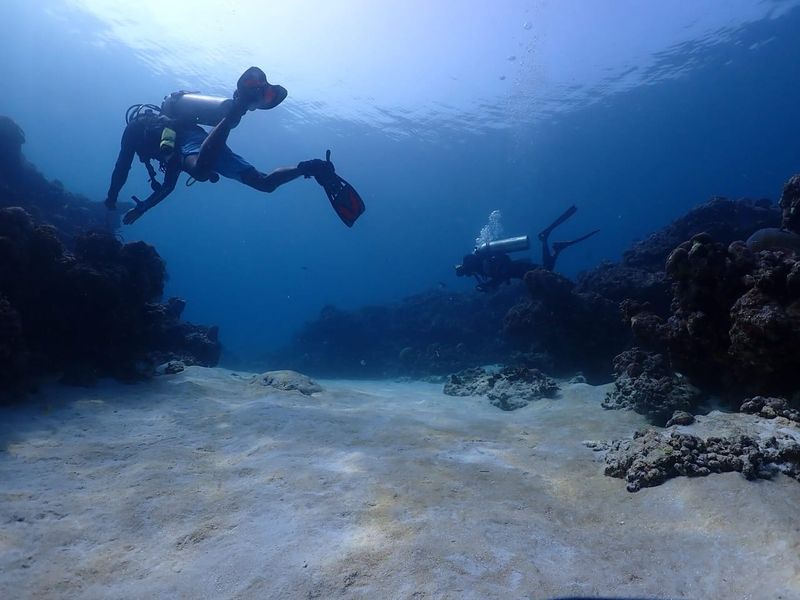 A diver finning along a sand channel between two coral heads, a second diver further back