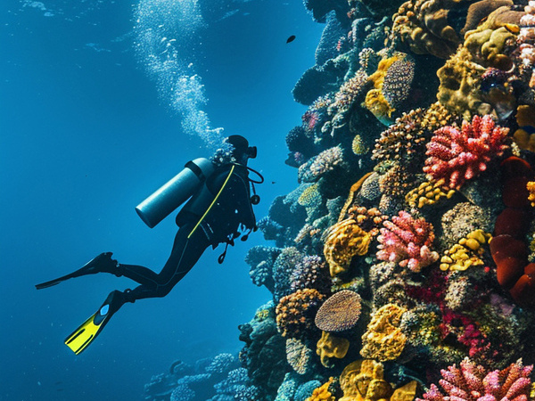 Scuba Diver exploring underwater reef during an advanced scuba diving session in Lakshadweep, India
